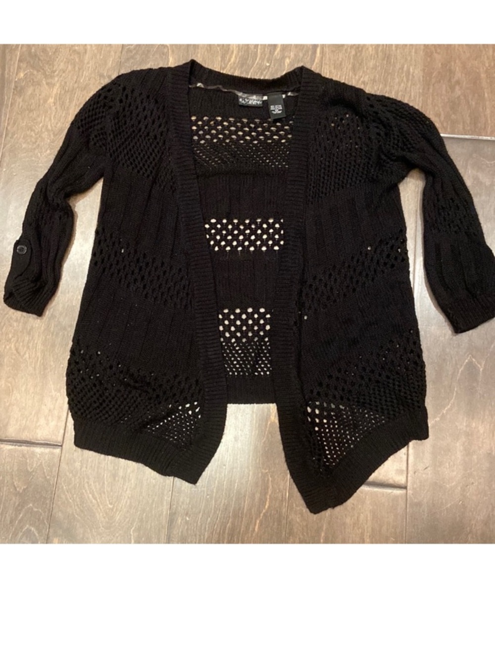Black Open-Knit Women's Cardigan with Roll-Sleeve Detail